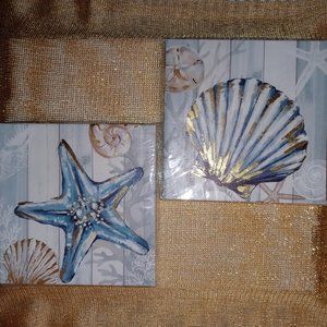 Wall Art Set of 2 Unframed CANVASES, STARFISH & SEA SHELL, BLUE & GOLD